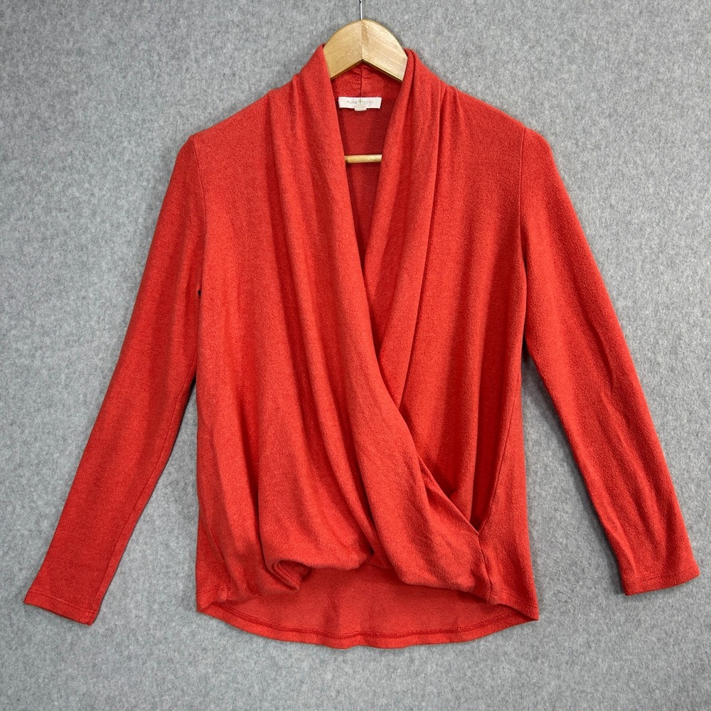 Pure + Good Anthropologie‎ XS Faux Wrap Sweater Coral Pullover Drape Cozy Soft